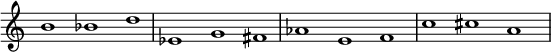 {
\override Score.TimeSignature
#'stencil = ##f
\override Score.SpacingSpanner.strict-note-spacing = ##t
\set Score.proportionalNotationDuration = #(ly:make-moment 1/1)
\relative c'' {
\time 3/1
\set Score.tempoHideNote = ##t \tempo 1 = 60
b1 bes d
es, g fis
aes e f
c' cis a
}
}